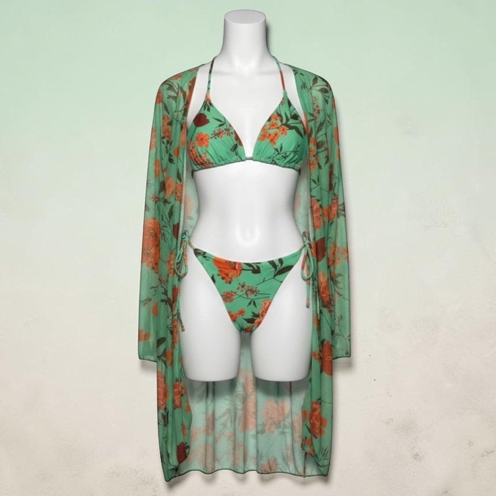 Floral Green & Orange Bikini Set with Sheer Cover-Up
